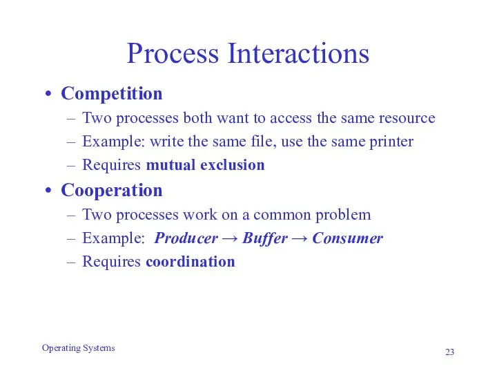 Process Interactions Competition Two processes both want to access the same