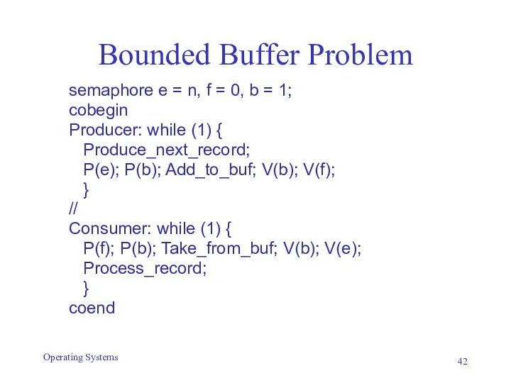 Bounded Buffer Problem semaphore e = n, f = 0, b