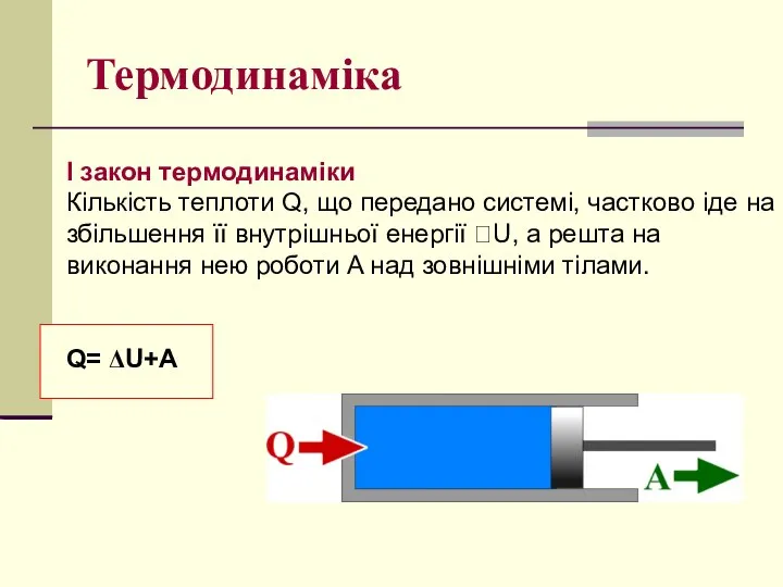 Термодинаміка I закон термодинаміки Кількість теплоти Q, що передано системі, частково