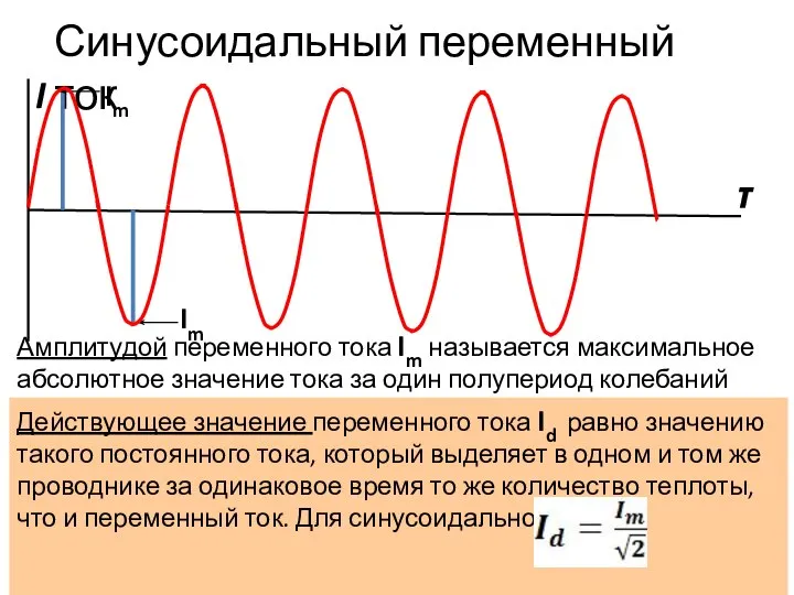 Синусоидальный переменный ток I τ Амплитудой переменного тока Im называется максимальное