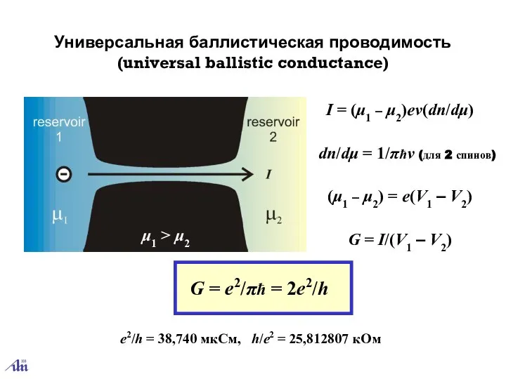 Универсальная баллистическая проводимость (universal ballistic conductance) I = (μ1 – μ2)ev(dn/dμ)