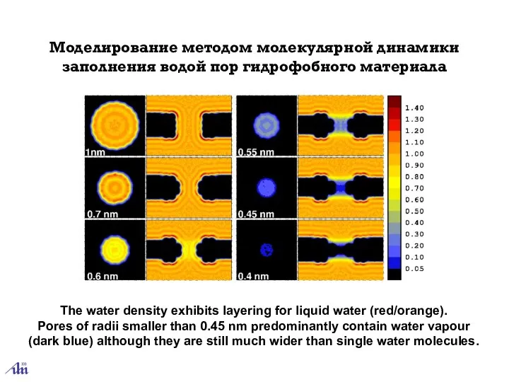 The water density exhibits layering for liquid water (red/orange). Pores of