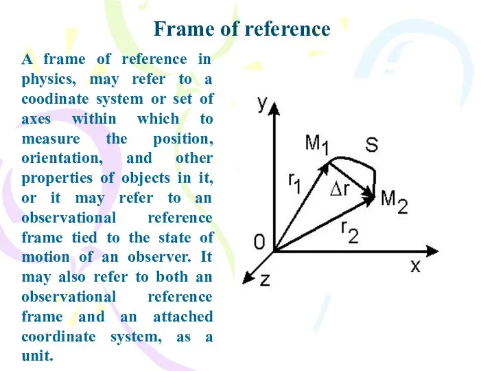 A frame of reference in physics, may refer to a coodinate