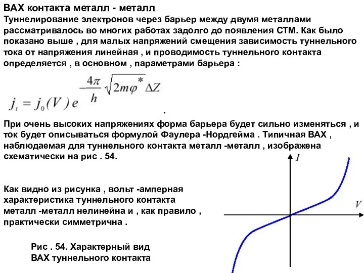 ВАХ контакта металл - металл Туннелирование электронов через барьер между двумя