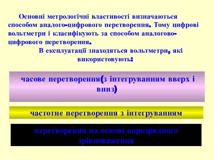 Основні метрологічні властивості визначаються способом аналого-цифрового перетворення. Тому цифрові вольтметри і