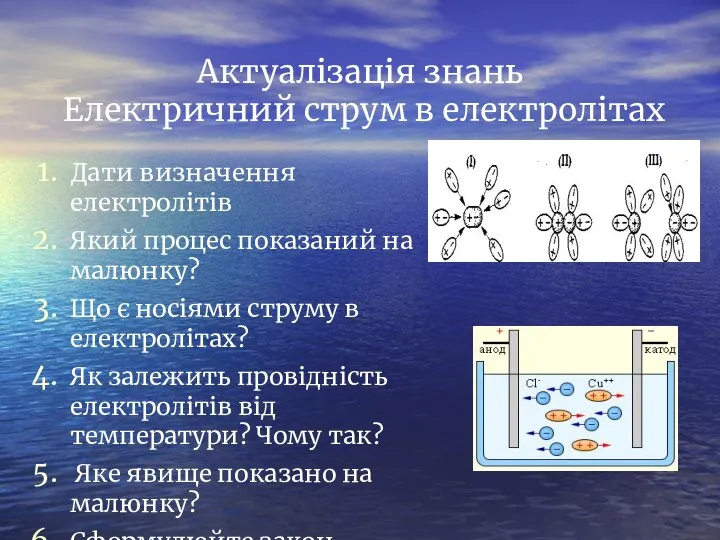 Актуалізація знань Електричний струм в електролітах Дати визначення електролітів Який процес