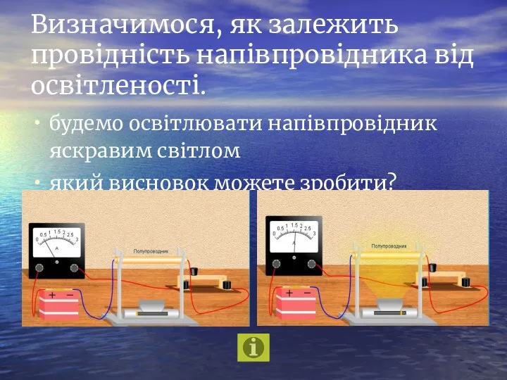 Визначимося, як залежить провідність напівпровідника від освітленості. будемо освітлювати напівпровідник яскравим світлом який висновок можете зробити?