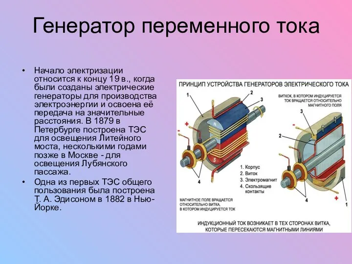 Генератор переменного тока Начало электризации относится к концу 19 в., когда