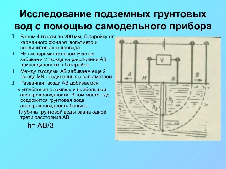 Исследование подземных грунтовых вод с помощью самодельного прибора Берем 4 гвоздя