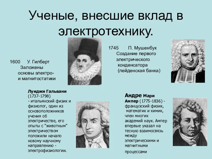 Ученые, внесшие вклад в электротехнику. У. Гилберт Заложены основы электро- и