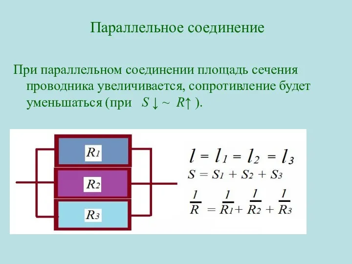 Параллельное соединение При параллельном соединении площадь сечения проводника увеличивается, сопротивление будет