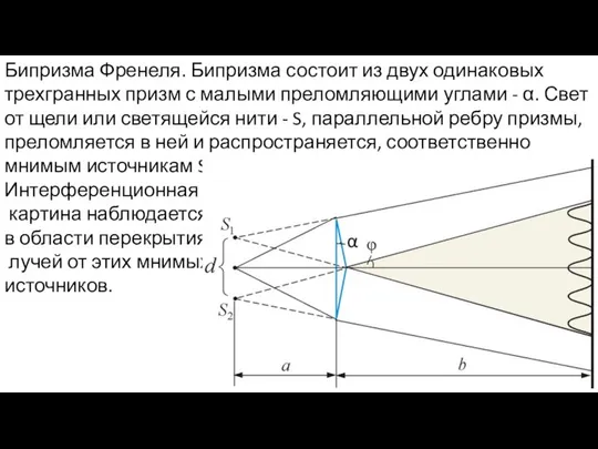 Бипризма Френеля. Бипризма состоит из двух одинаковых трехгранных призм с малыми