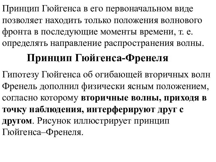 Принцип Гюйгенса в его первоначальном виде позволяет находить только положения волнового