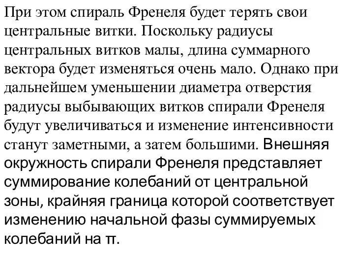 При этом спираль Френеля будет терять свои центральные витки. Поскольку радиусы