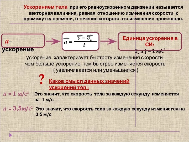 Ускорением тела при его равноускоренном движении называется векторная величина, равная отношению