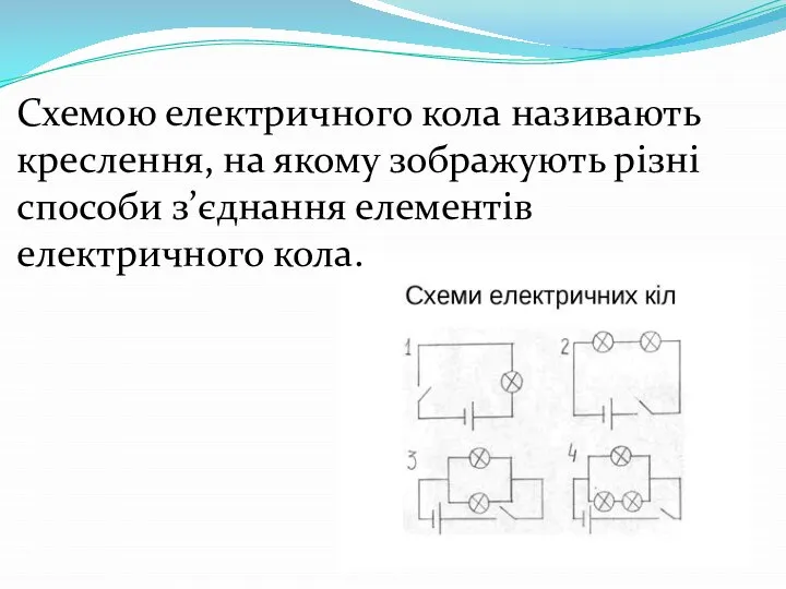 Схемою електричного кола називають креслення, на якому зображують різні способи з’єднання елементів електричного кола.