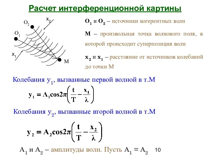 Расчет интерференционной картины О1 и О2 – источники когерентных волн М