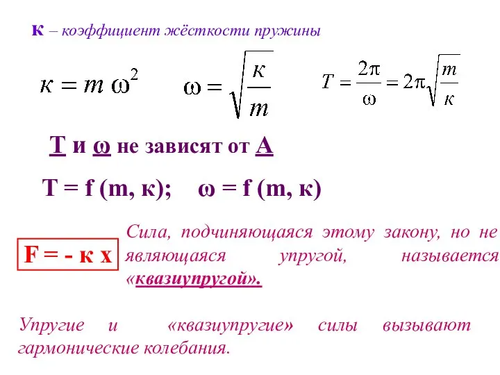 к – коэффициент жёсткости пружины Т и ω не зависят от