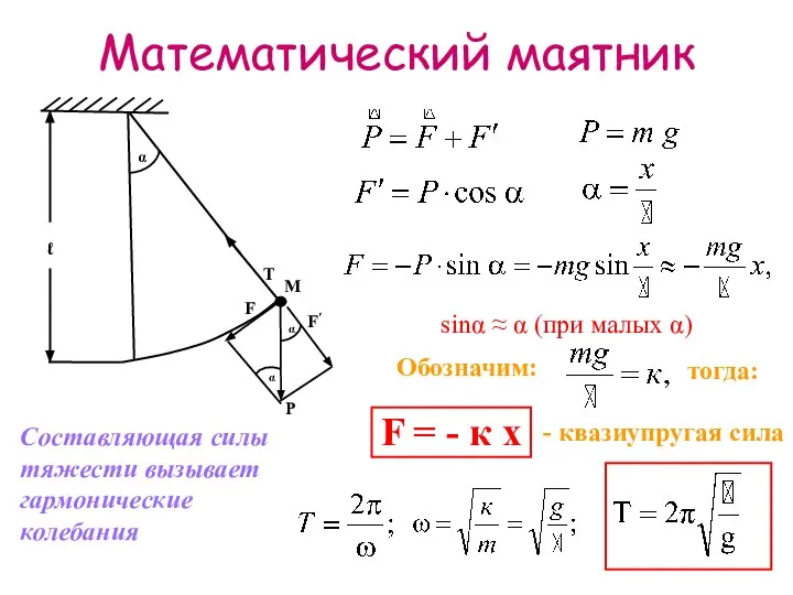 Математический маятник Составляющая силы тяжести вызывает гармонические колебания sinα ≈ α