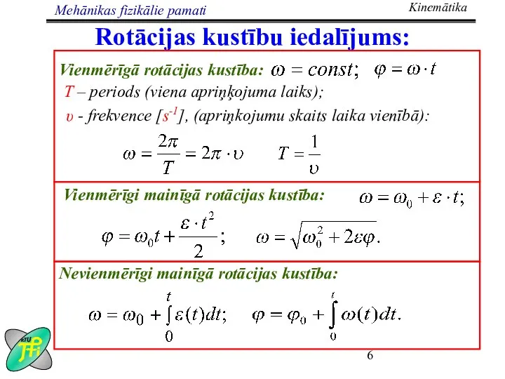 Rotācijas kustību iedalījums: Vienmērīgā rotācijas kustība: T – periods (viena apriņķojuma