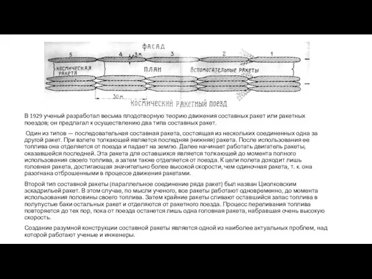 В 1929 ученый разработал весьма плодотворную теорию движения составных ракет или