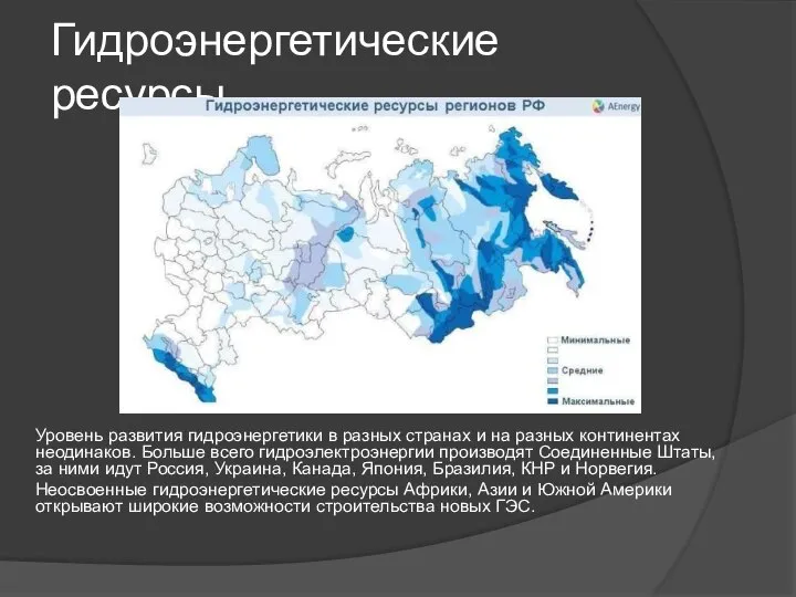 Гидроэнергетические ресурсы. Уровень развития гидроэнергетики в разных странах и на разных