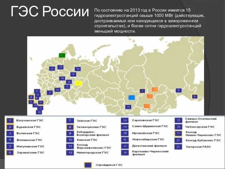 ГЭС России По состоянию на 2013 год в России имеется 15