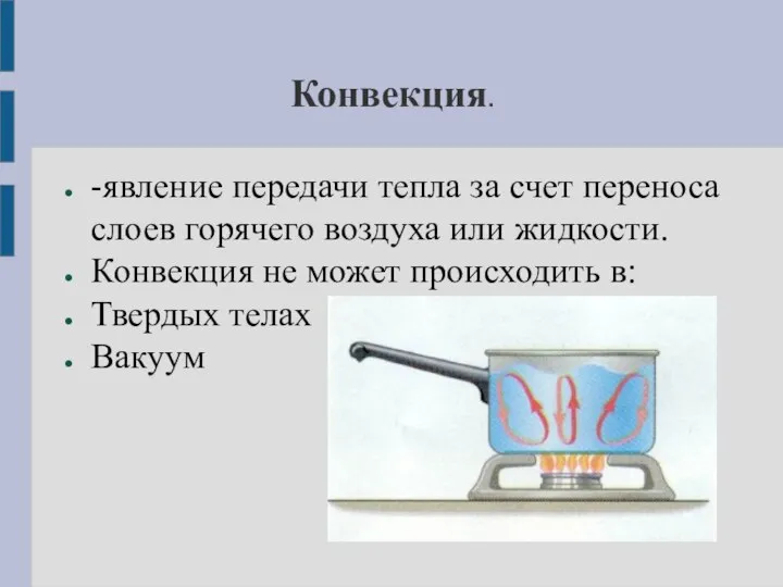 Конвекция. -явление передачи тепла за счет переноса слоев горячего воздуха или