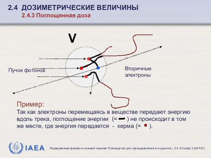 Пример: Так как электроны перемещаясь в веществе передают энергию вдоль трека,