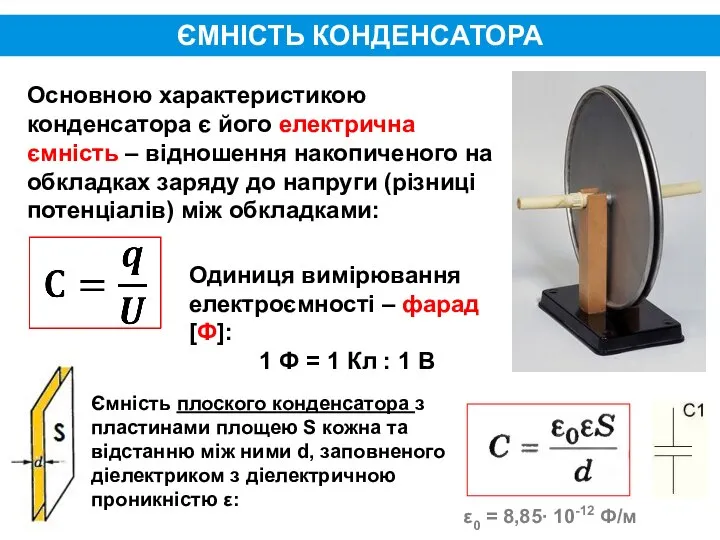 ЄМНІСТЬ КОНДЕНСАТОРА Основною характеристикою конденсатора є його електрична ємність – відношення