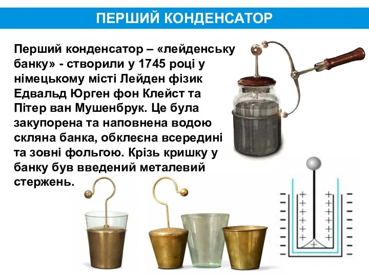 ПЕРШИЙ КОНДЕНСАТОР Перший конденсатор – «лейденську банку» - створили у 1745
