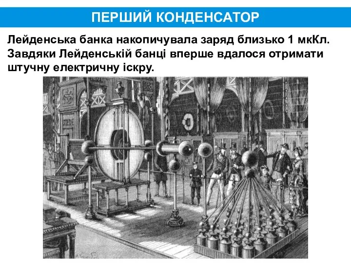 ПЕРШИЙ КОНДЕНСАТОР Лейденська банка накопичувала заряд близько 1 мкКл. Завдяки Лейденській