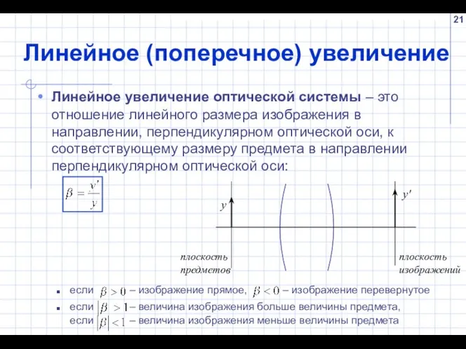 Линейное (поперечное) увеличение Линейное увеличение оптической системы – это отношение линейного