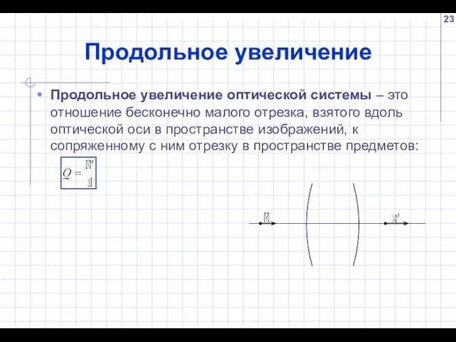 Продольное увеличение Продольное увеличение оптической системы – это отношение бесконечно малого