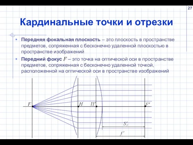 Кардинальные точки и отрезки Передняя фокальная плоскость – это плоскость в