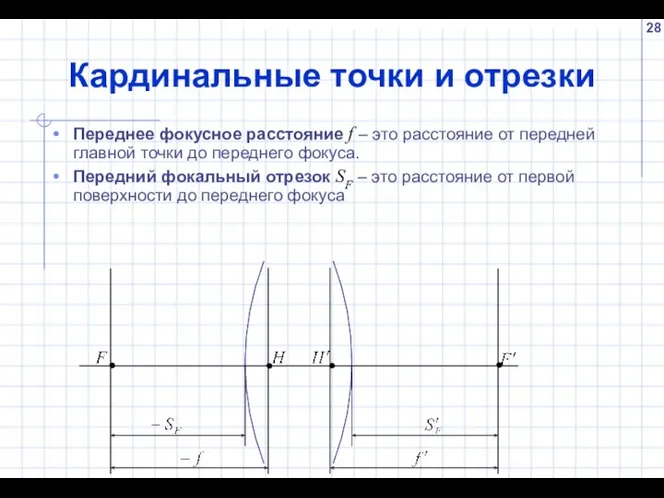 Кардинальные точки и отрезки Переднее фокусное расстояние f – это расстояние