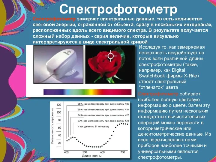 Спектрофотометр замеряет спектральные данные, то есть количество световой энергии, отраженной от