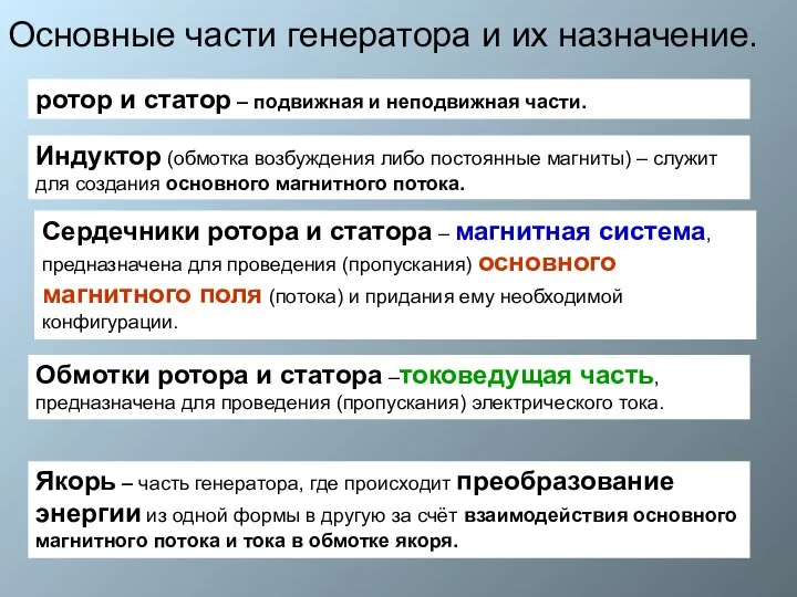 Основные части генератора и их назначение. ротор и статор – подвижная