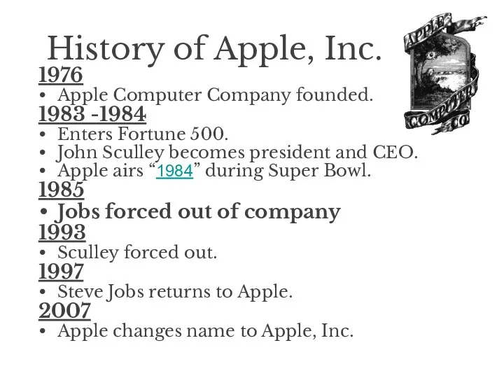 History of Apple, Inc. 1976 Apple Computer Company founded. 1983 -1984