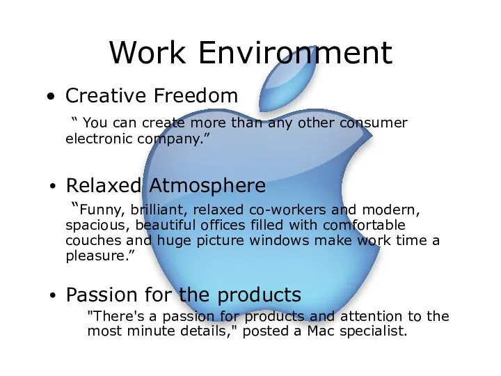 Work Environment Creative Freedom “ You can create more than any