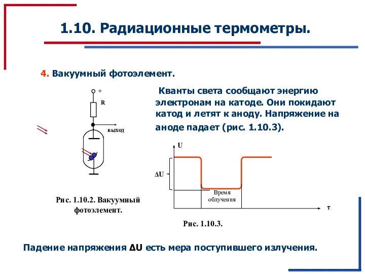 1.10. Радиационные термометры. 4. Вакуумный фотоэлемент. Рис. 1.10.2. Вакуумный фотоэлемент. Кванты