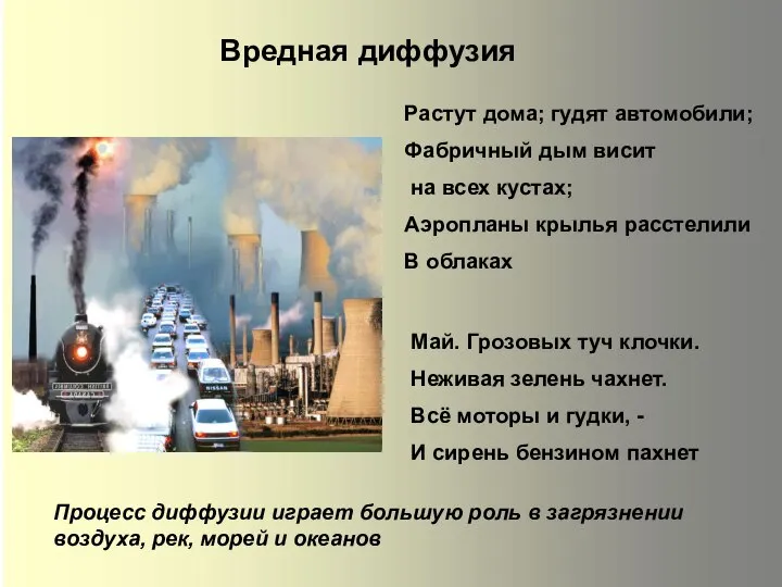 Растут дома; гудят автомобили; Фабричный дым висит на всех кустах; Аэропланы