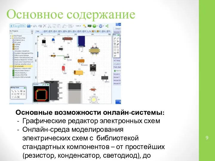 Основное содержание Основные возможности онлайн-системы: Графические редактор электронных схем Онлайн-среда моделирования