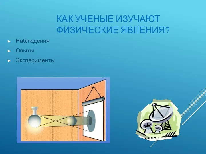 КАК УЧЕНЫЕ ИЗУЧАЮТ ФИЗИЧЕСКИЕ ЯВЛЕНИЯ? Наблюдения Опыты Эксперименты