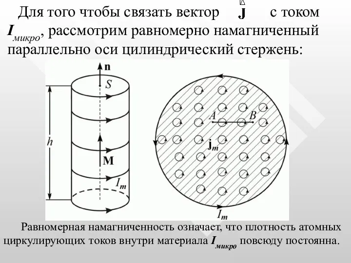 Для того чтобы связать вектор с током Iмикро, рассмотрим равномерно намагниченный