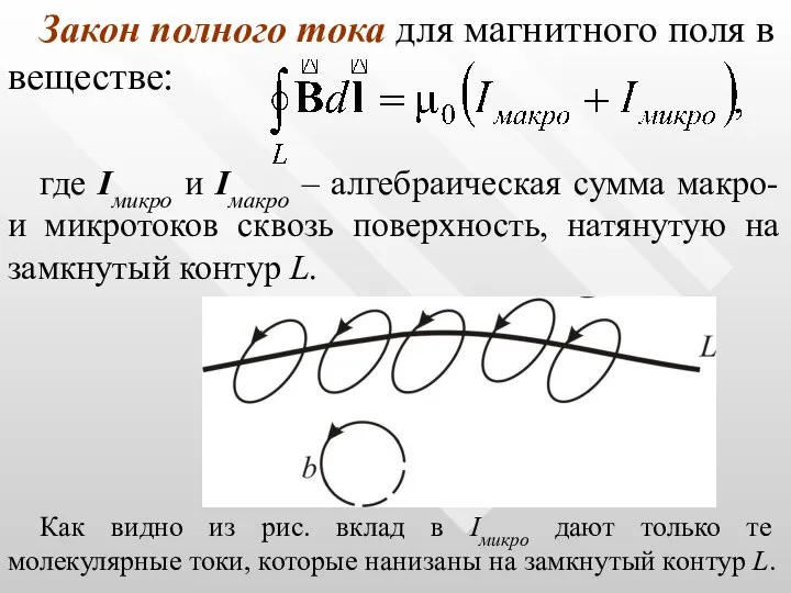 Закон полного тока для магнитного поля в веществе: где Iмикро и