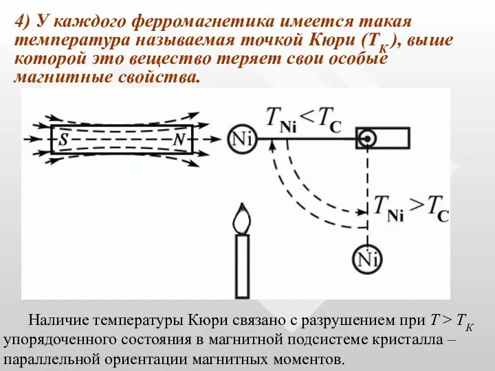 4) У каждого ферромагнетика имеется такая температура называемая точкой Кюри (ТК