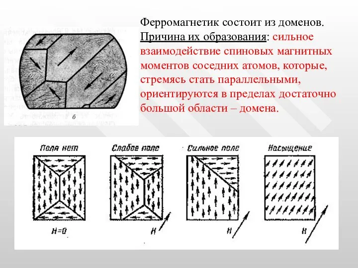 Ферромагнетик состоит из доменов. Причина их образования: сильное взаимодействие спиновых магнитных