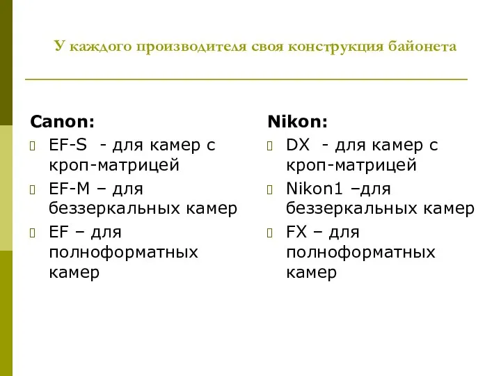 У каждого производителя своя конструкция байонета Canon: EF-S - для камер