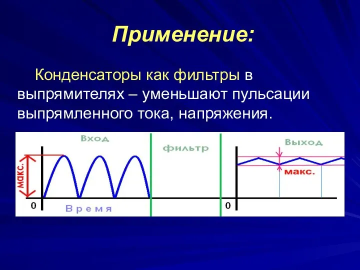 Применение: Конденсаторы как фильтры в выпрямителях – уменьшают пульсации выпрямленного тока, напряжения.